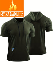Men's Solid Hooded T shirt With Pocket Quick Dry Breathable Short Sleeve