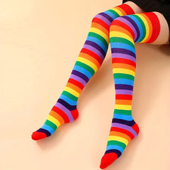 Rainbow Striped Thigh High Socks Cosplay Party Over The Knee Socks