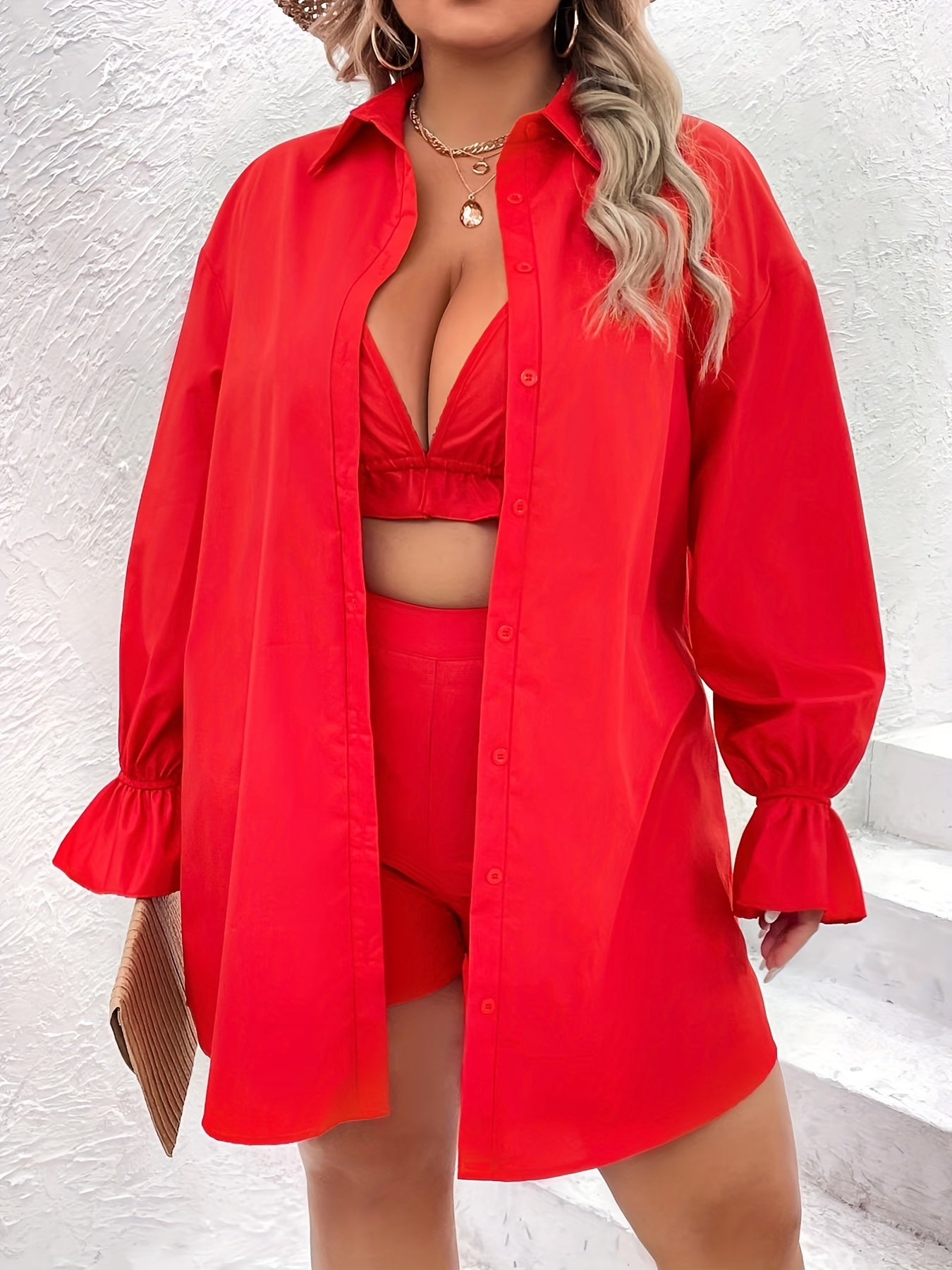 3 Piece Set Solid Button Blouse & Bra & Shorts Outfit