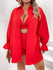 3 Piece Set Solid Button Blouse & Bra & Shorts Outfit