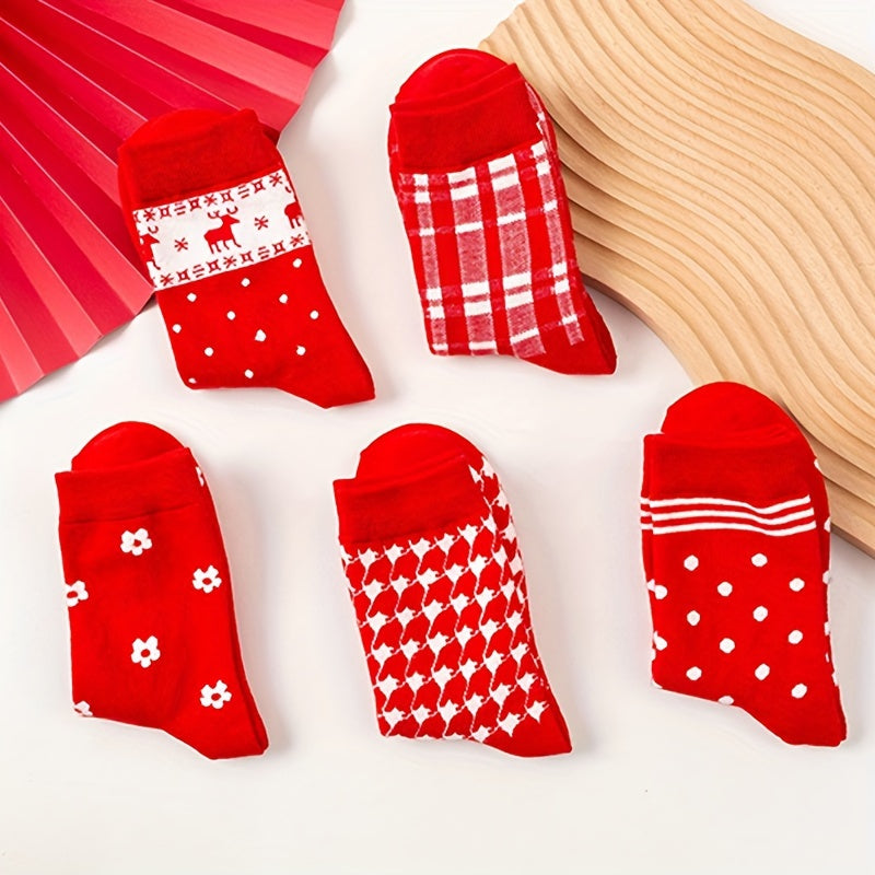 5 Pairs Christmas Print Socks Women's Stockings & Hosiery