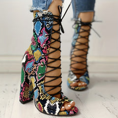 Snakeskin Sandals Boots Lace Up Peep Toe Chunky Heel Shoes
