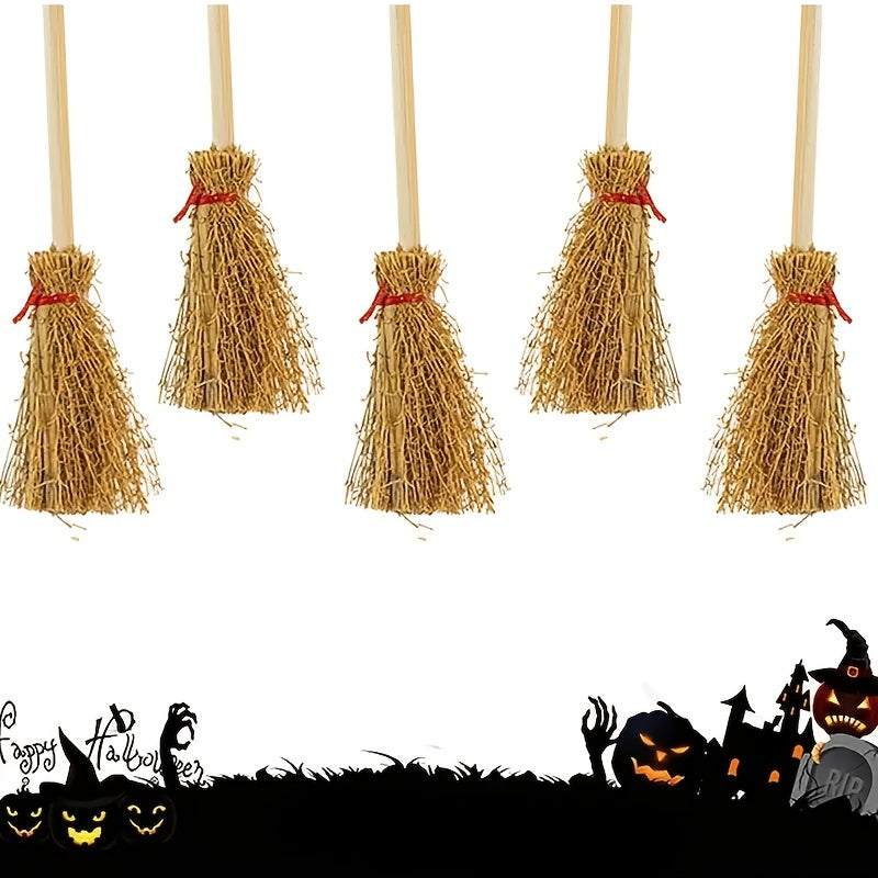 5pcs Mini Red Rope Witch Broomstick Halloween Decoration And Toy Accessories