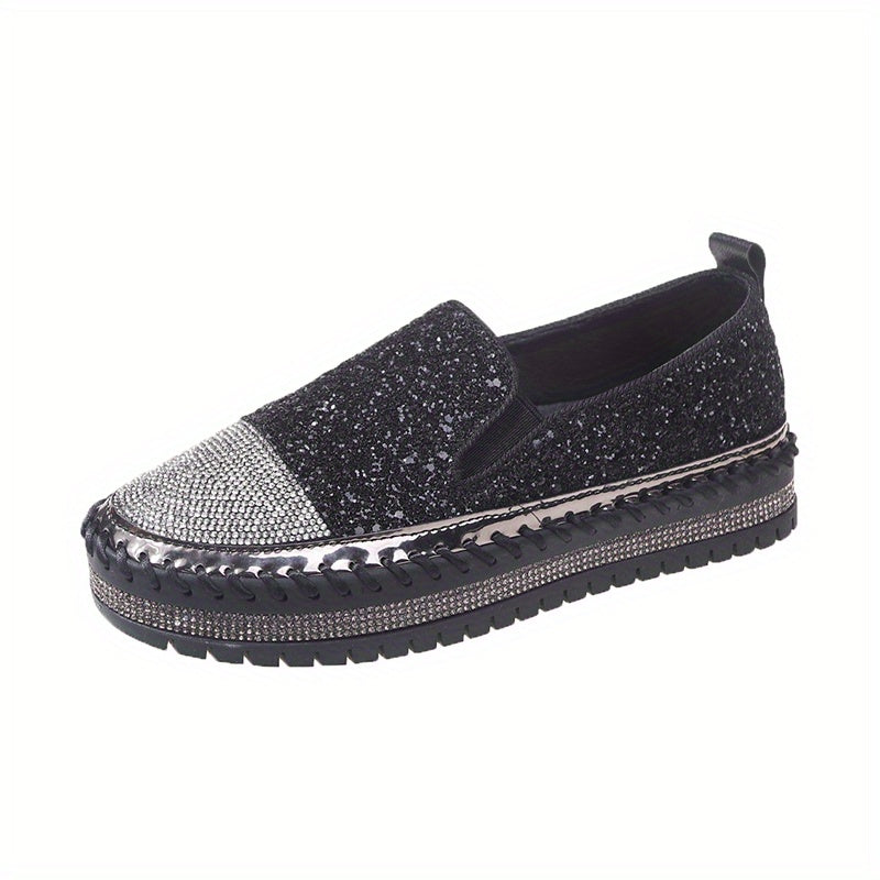 Glitter Sequins Platform Slip On Sneakers with Rhinestone Decor