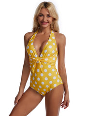Polka Dot Deep V Ruched Waist One Piece Swimsuit