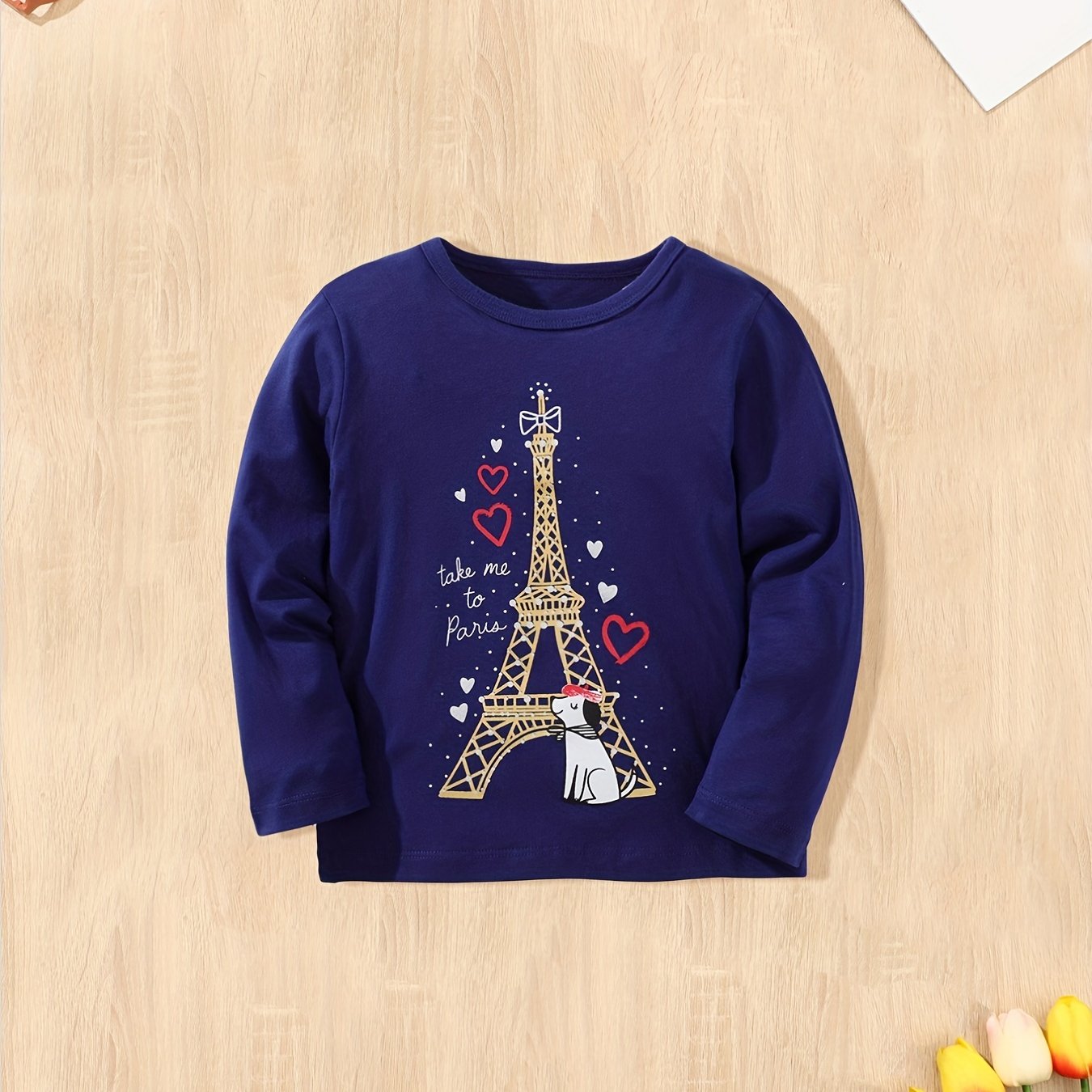 Girls Dog & Tower Cartoon Cotton Long Sleeve T Shirt Top Kids Pullover
