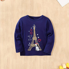 Girls Dog & Tower Cartoon Cotton Long Sleeve T Shirt Top Kids Pullover