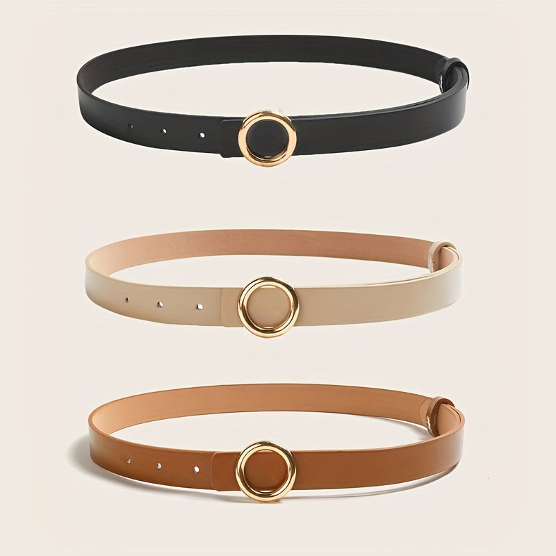 3pcs Round Buckle Leather Belt Set Solid Casual Jeans Pants Belts for Women