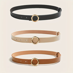 3pcs Round Buckle Leather Belt Set Solid Casual Jeans Pants Belts for Women
