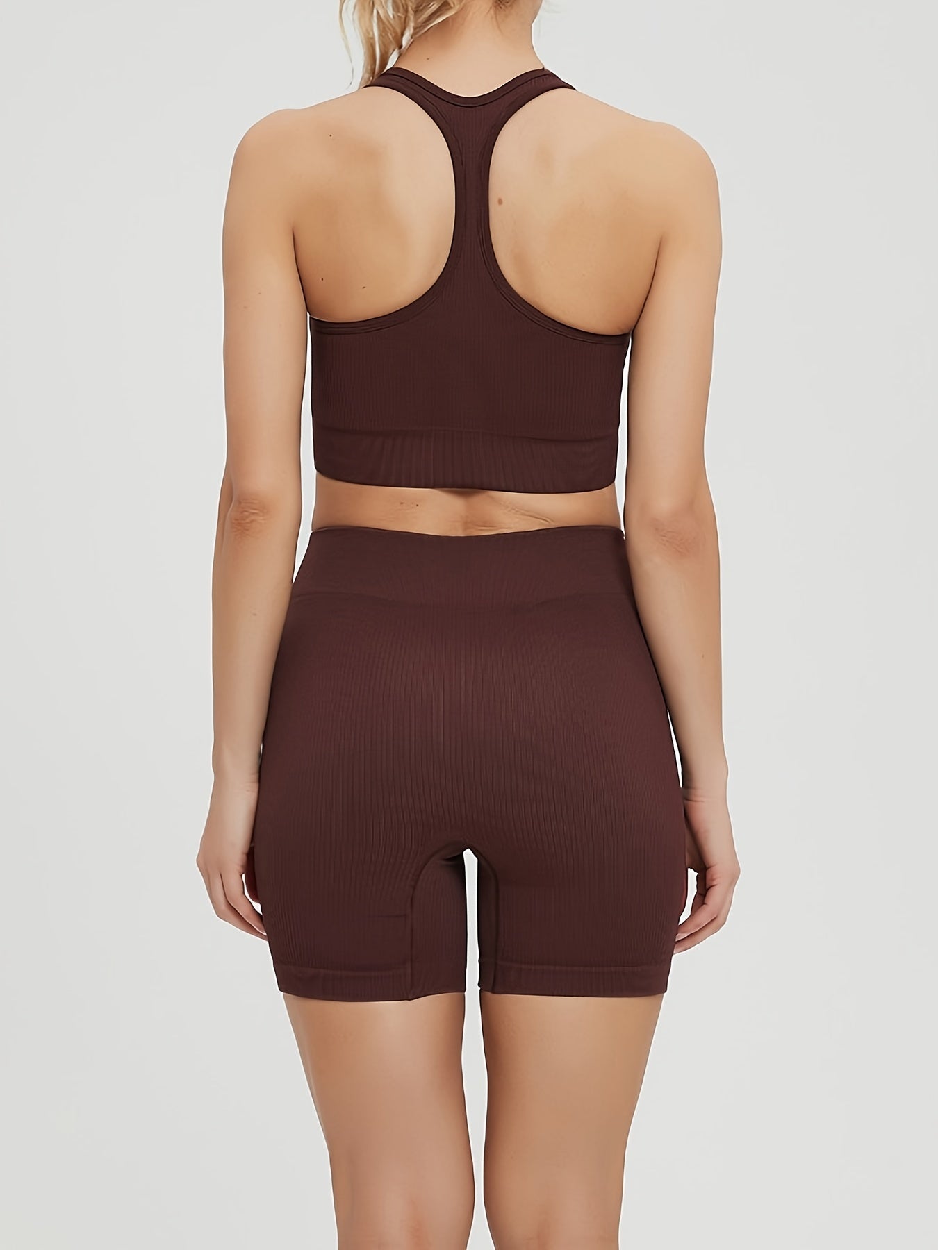 2pcs Yoga Set Ribbed Tank Top & High Waist Shorts