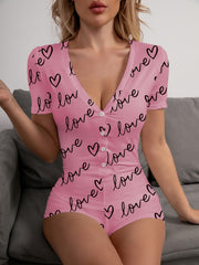 Heart Print Pajama Romper Short Sleeve V Neck Buttons Pajamas Women's Lingerie
