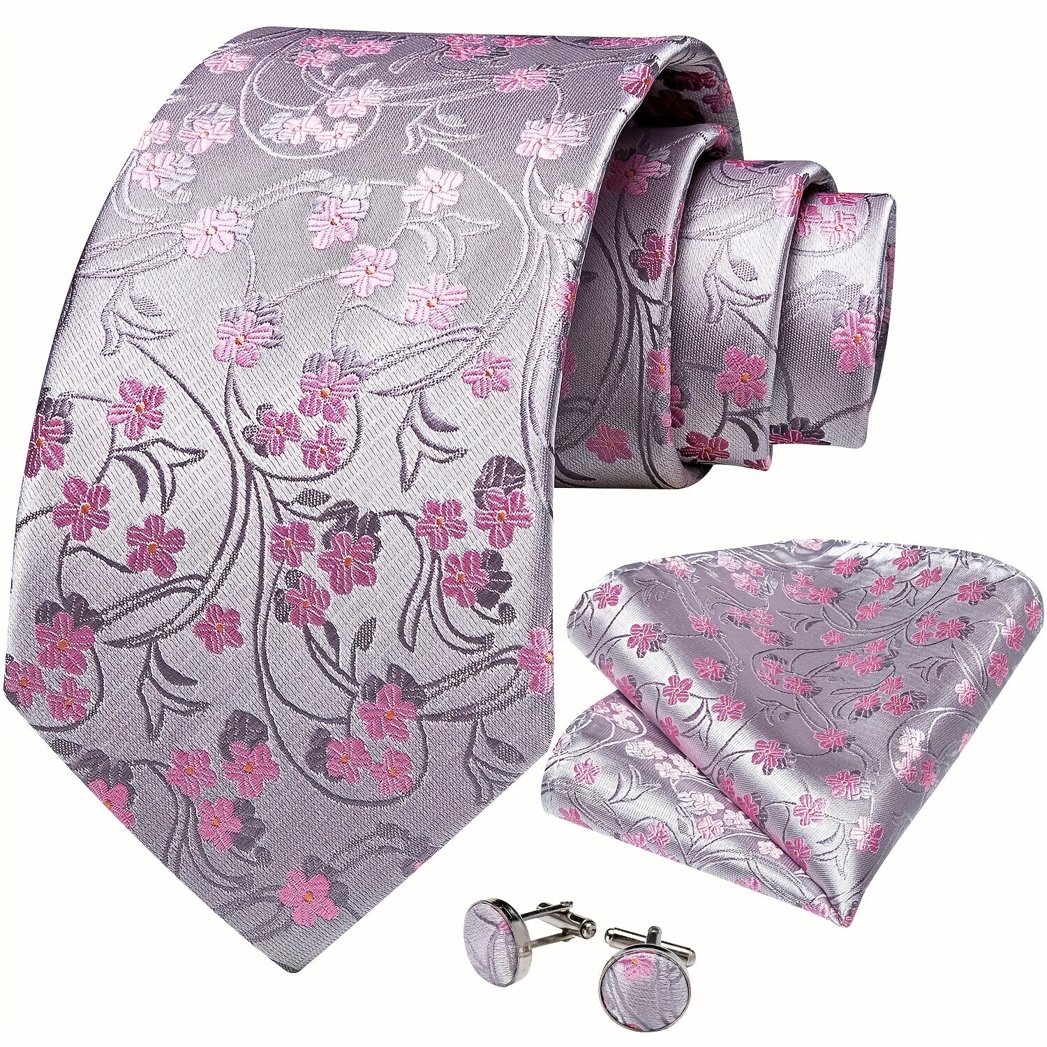 Retro Flowers Pattern Tie Set Classic Flower Necktie Hanky Cufflinks