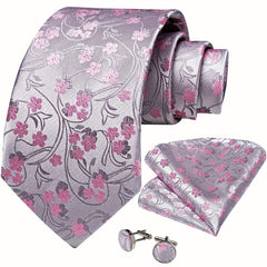 Retro Flowers Pattern Tie Set Classic Flower Necktie Hanky Cufflinks