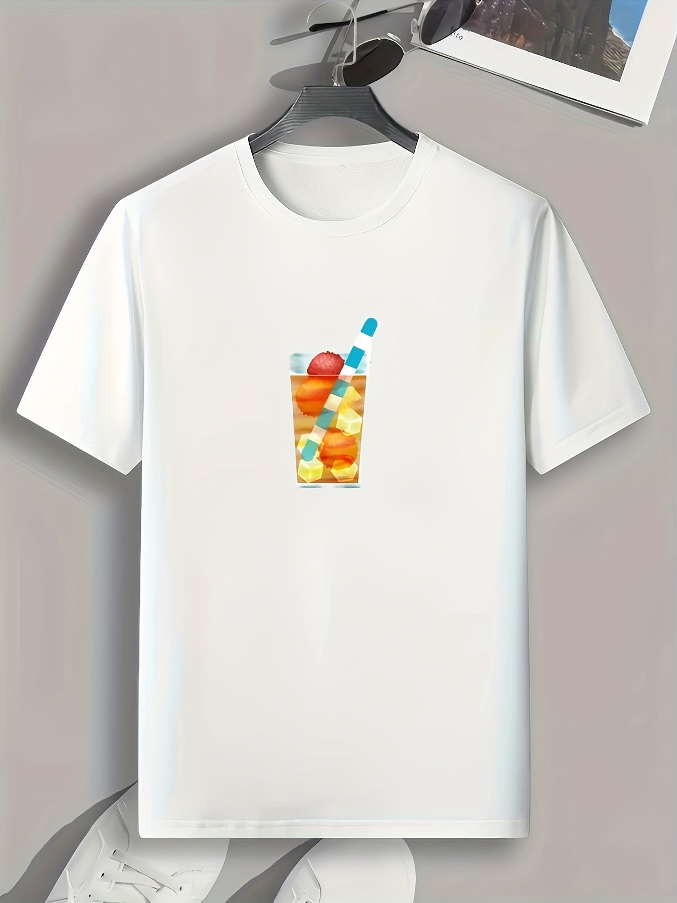 Fruit Drink Print Men's Comfy T shirt Active Slightly Stretch Tee