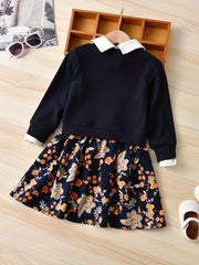 Girls Floral Print Collar Long Sleeve Shirt Dress Kids Party Holiday Dress