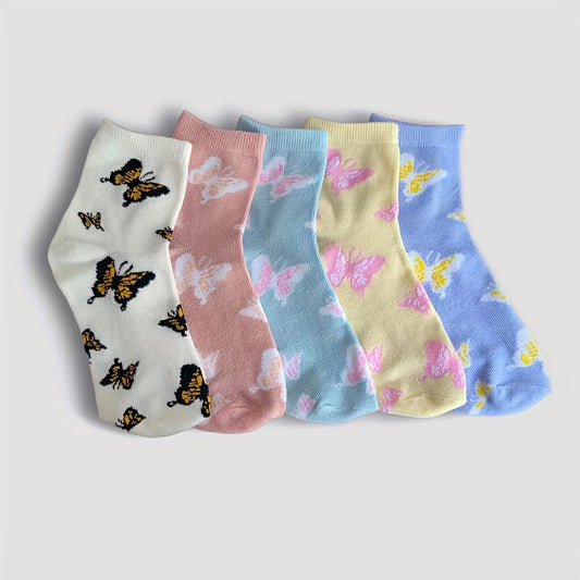 6 Pairs Butterfly Print Socks Comfy & Breathable Mid Tube Women's Stockings