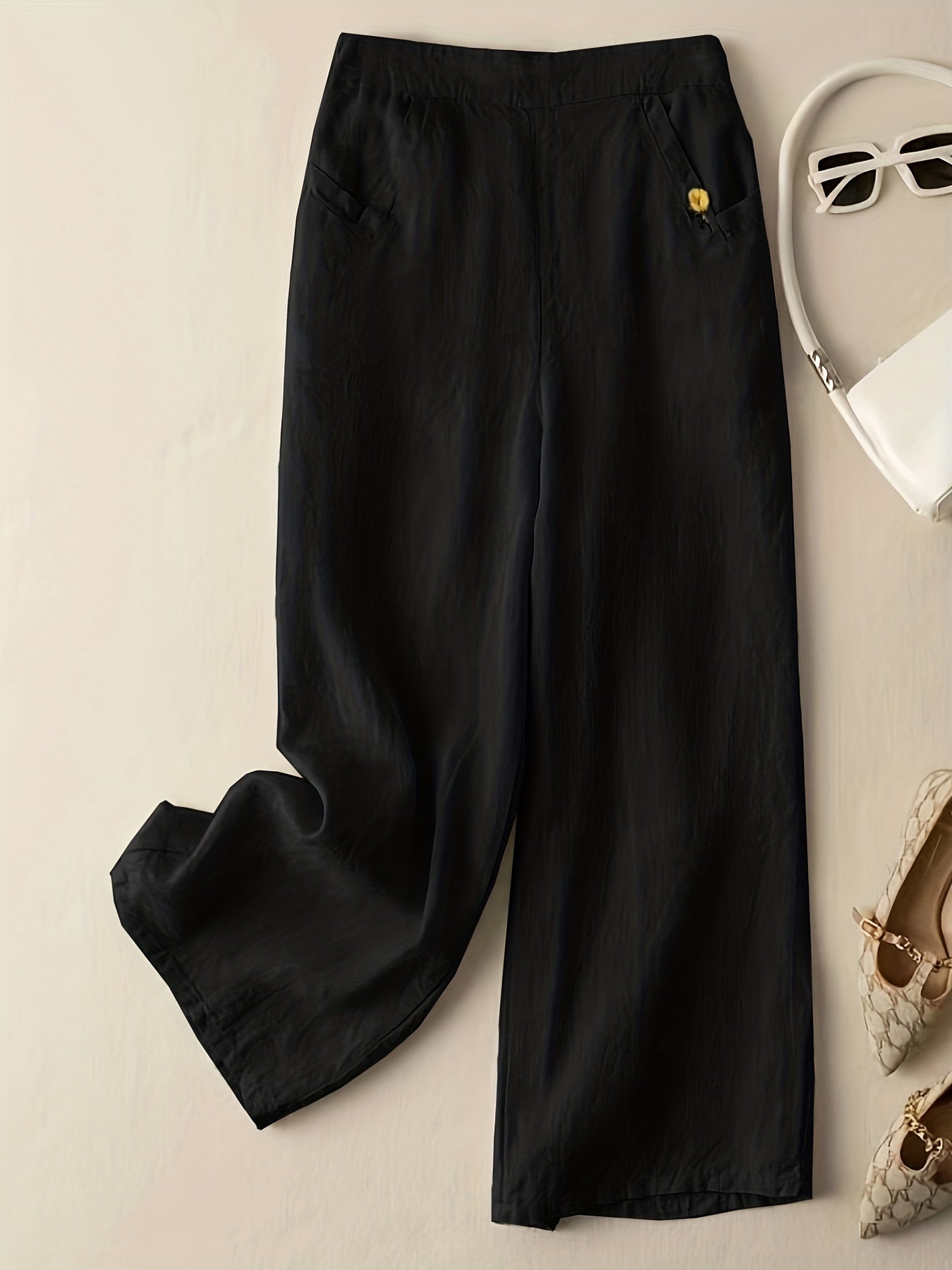 Casual Wide Leg Draped Pants with Embroidery Detail