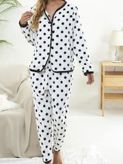Polka Dot Pajama Set Long Sleeve Top & Elastic Waistband Pants Women's Sleepwear