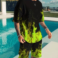 Men's Flame Graphic T-shirt & Shorts Set for Outdoor