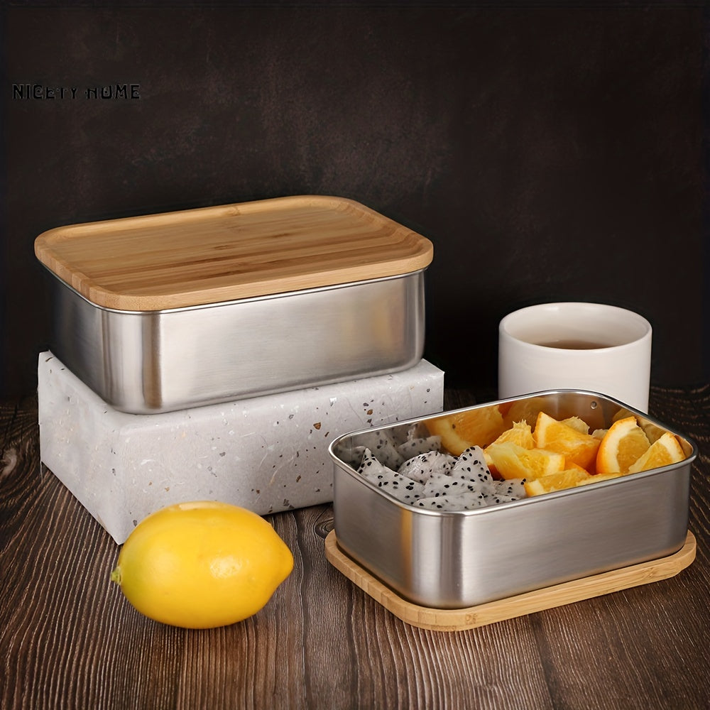 304 Stainless Steel Bento Box With Bamboo & Wood Cover Japanese Style Lunch Box