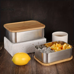 304 Stainless Steel Bento Box With Bamboo & Wood Cover Japanese Style Lunch Box