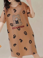 Bear Print Nightdress Short Sleeve Crew Neck Pajama Dress