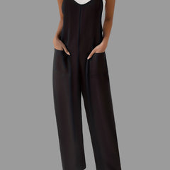 Solid Suspender Jumpsuit Casual V Neck Wide Leg Jumpsuit With Pockets