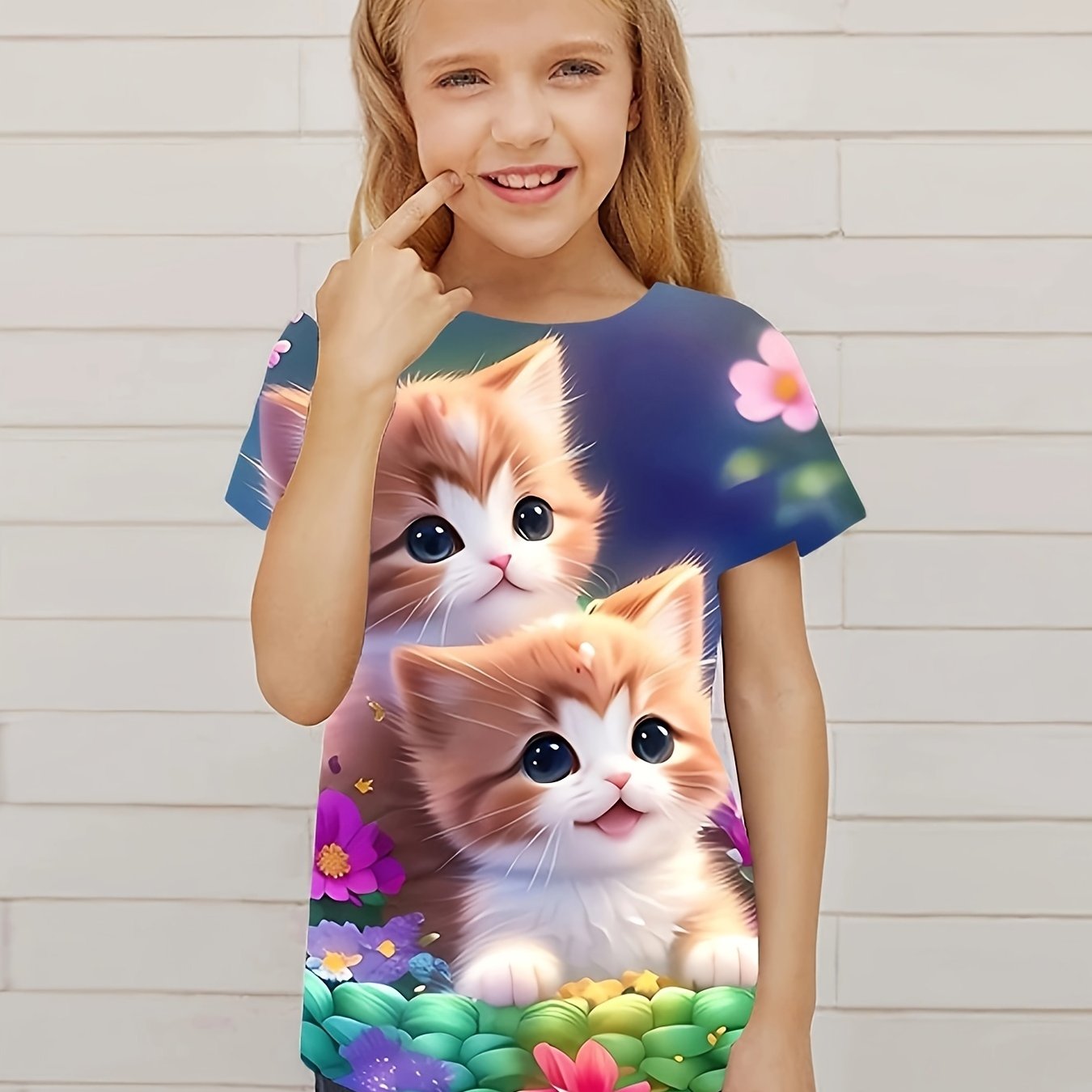 3D Kitty Graphic Crew Neck T shirt Girls Summer Casual Pullover Tops
