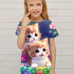 3D Kitty Graphic Crew Neck T shirt Girls Summer Casual Pullover Tops