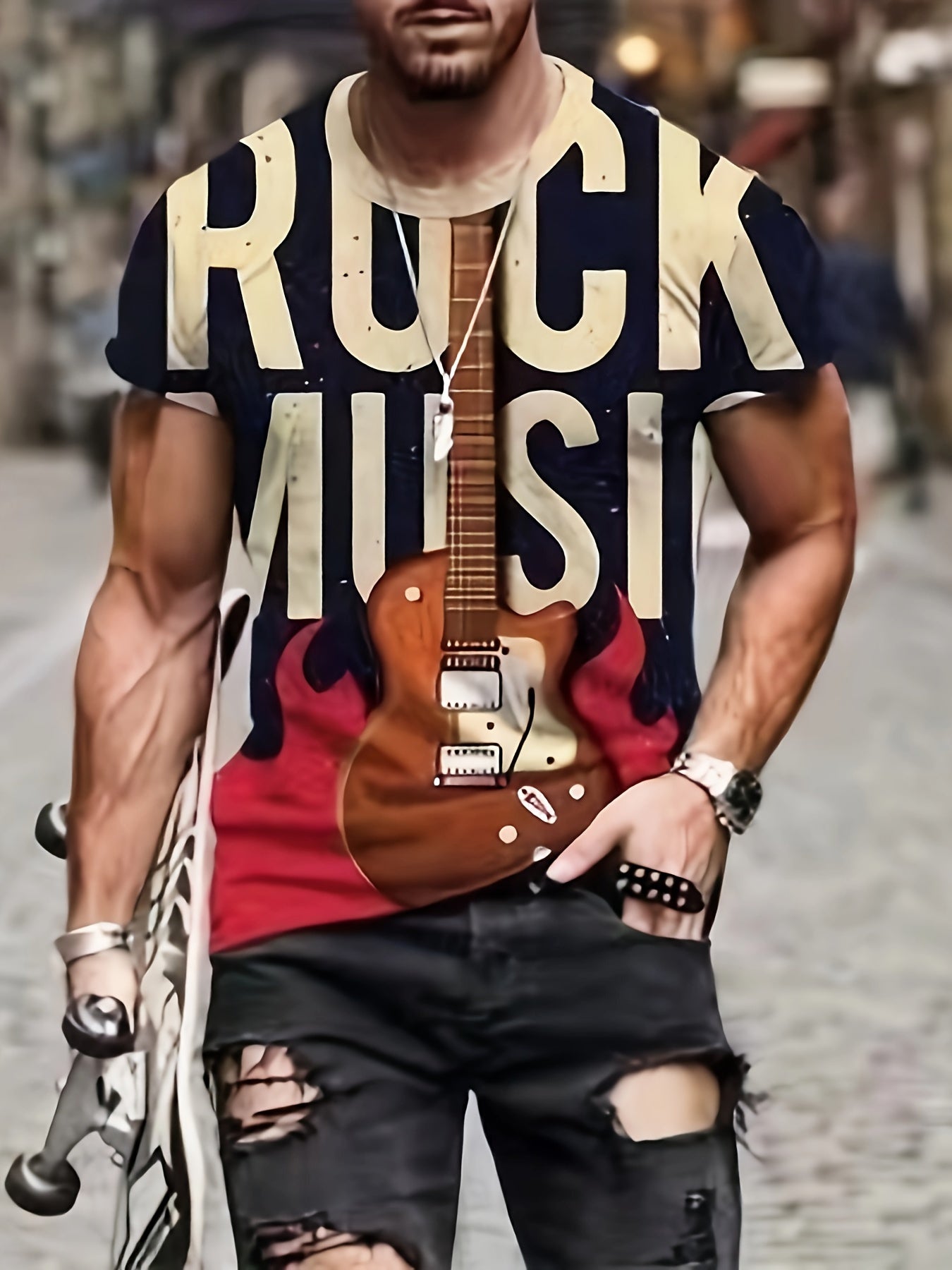 Rock Music Print T shirt Men's Casual Street Style Tee Shirt
