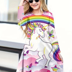 Shining Unicorn Graphic Long Sleeve Dress for Girls