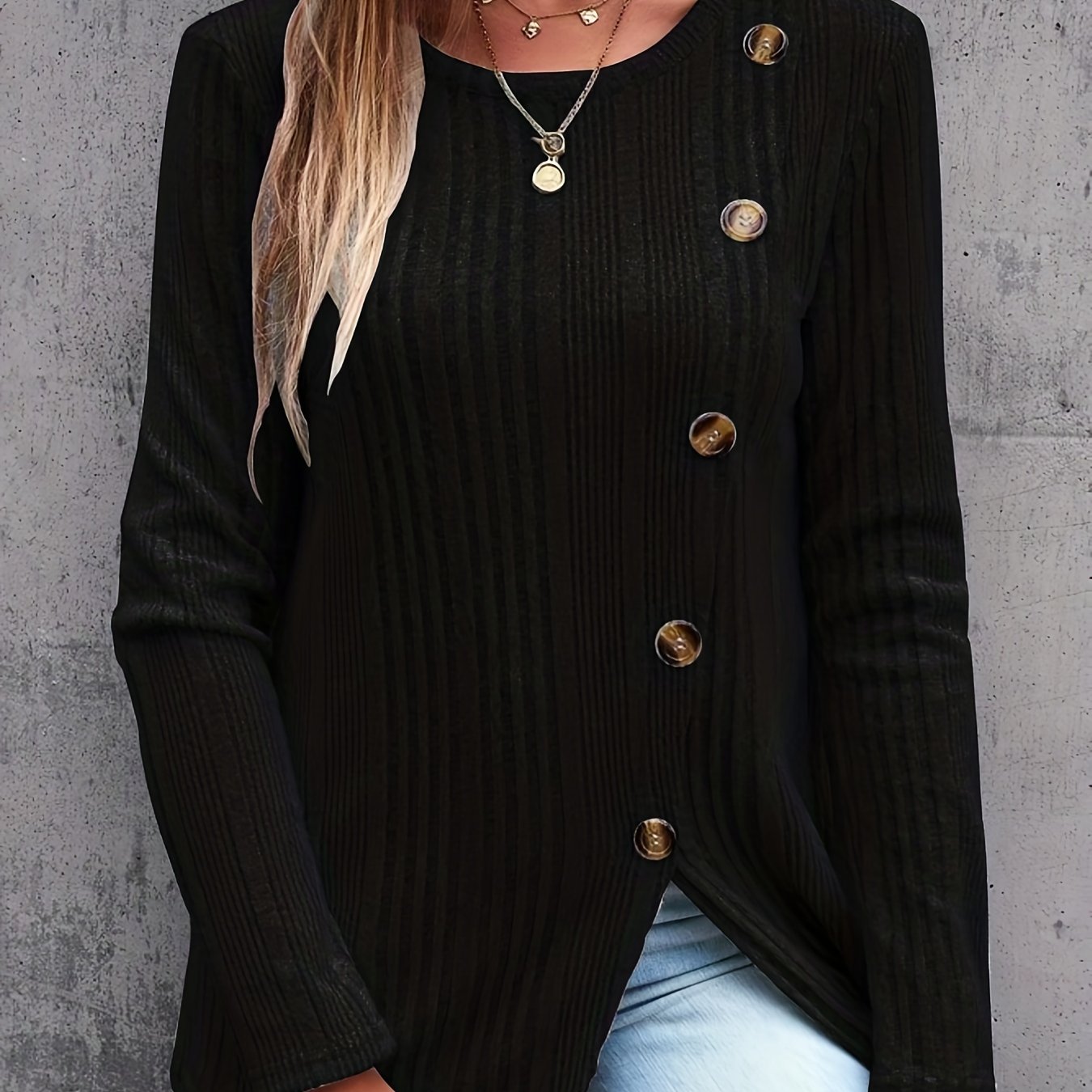 Casual Knit Top Ribbed Knit Long Sleeve Round Neck Pullover Jumper