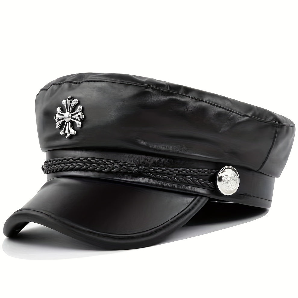 Gothic Cross Patch Beret PU Leather Sailor Hat