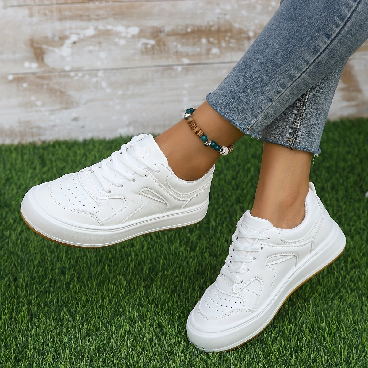 Women's Solid Flat Lace Up Sport Shoes Breathable Non slip Outdoor Board Shoes