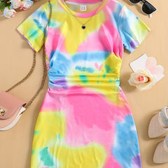 Kid Girls' Tie Dye Print Short Sleeve T Shirt Dress