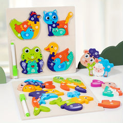 Wooden Animal Puzzle Toy with Reusable Drawing Board Educational Play