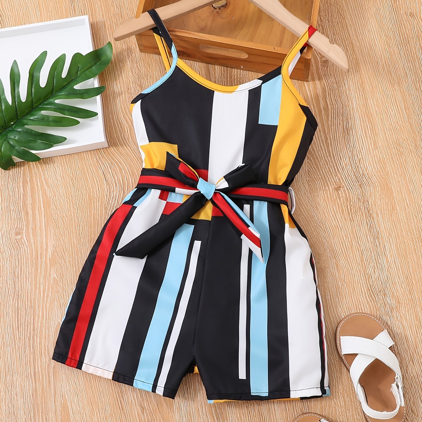 Girls Cami Romper Block Geometry Print Jumpsuit With Belt