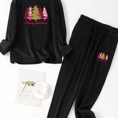 Christmas Lounge Set Women's Tree & Slogan Print Fleece Pajamas