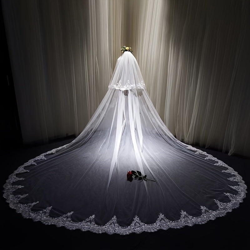 Royal Style Bridal Veil with Long Train and Floral Lace Overlay