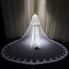 Royal Style Bridal Veil with Long Train and Floral Lace Overlay