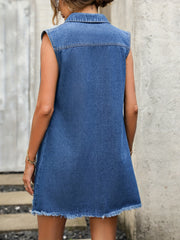 Ripped Denim Tank Dress with Flap Pockets