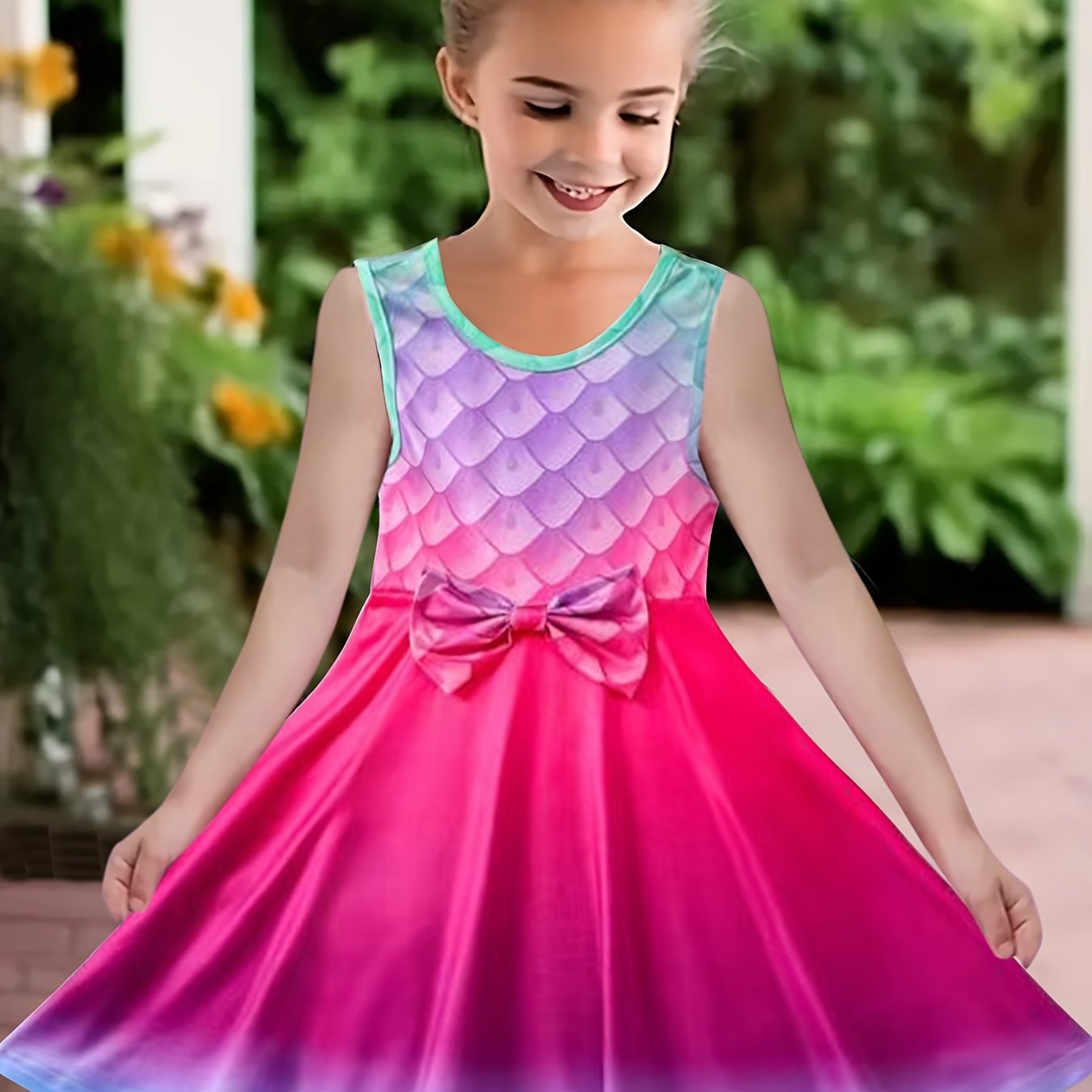 Girls Dreamy Gradient Fish Scale Sleeveless Dress for Summer Party