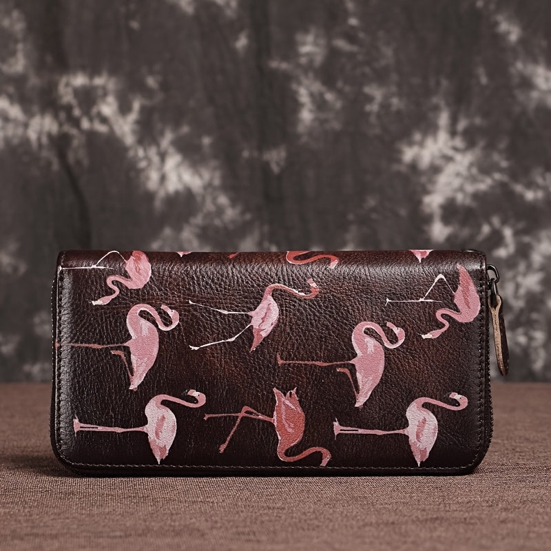 Vintage Flamingo Print Leather Purse for Women Large Capacity Zipper Wallet