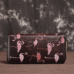 Vintage Flamingo Print Leather Purse for Women Large Capacity Zipper Wallet