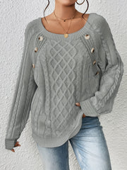 Textured Button Casual Sweater Long Sleeve Crew Neck Knit Jumper