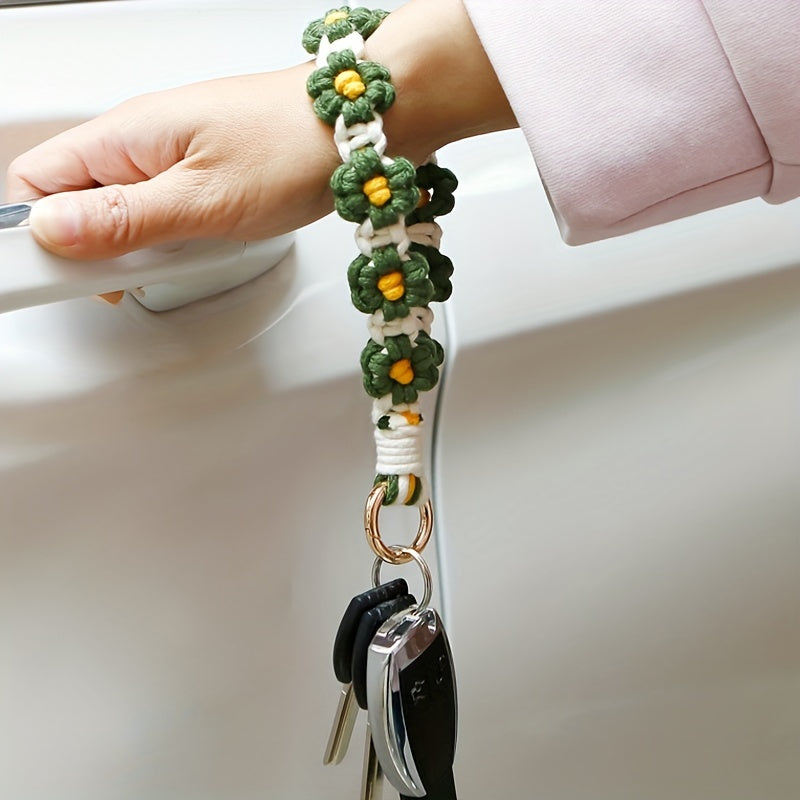 Boho Daisy Keychain for Girls Soft Macrame Wristlet Lanyard for Keys