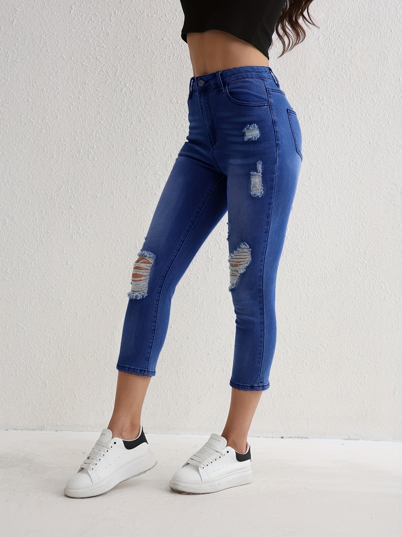 Ripped Holes Cropped Jeans Slim Fit High Stretch Capris Denim Pants