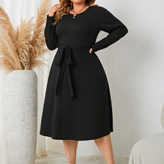 Solid Jacquard Long Sleeve Midi Dress With Belt