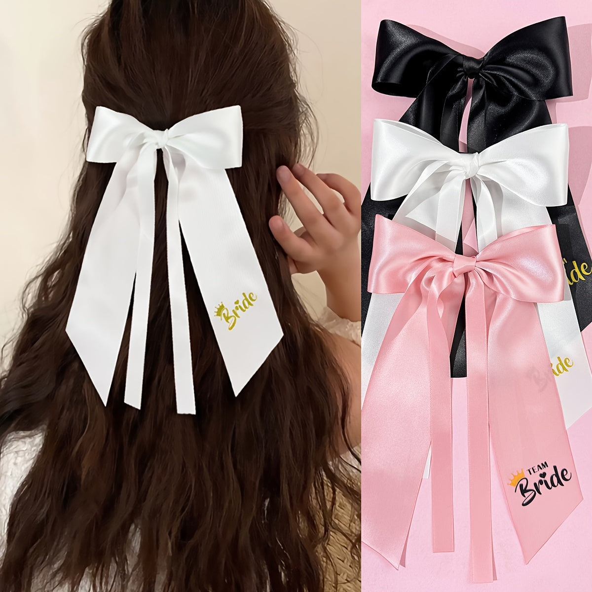 Pink Bridal Bow Hair Clip Ribbon Bride Hair Accessory