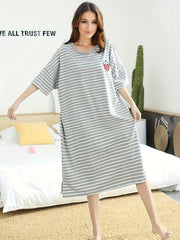 Strawberry Print Lounge Dress Short Sleeve Crew Neck Striped Home Dress